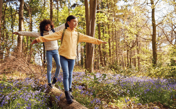 Two children in bluebell woodland